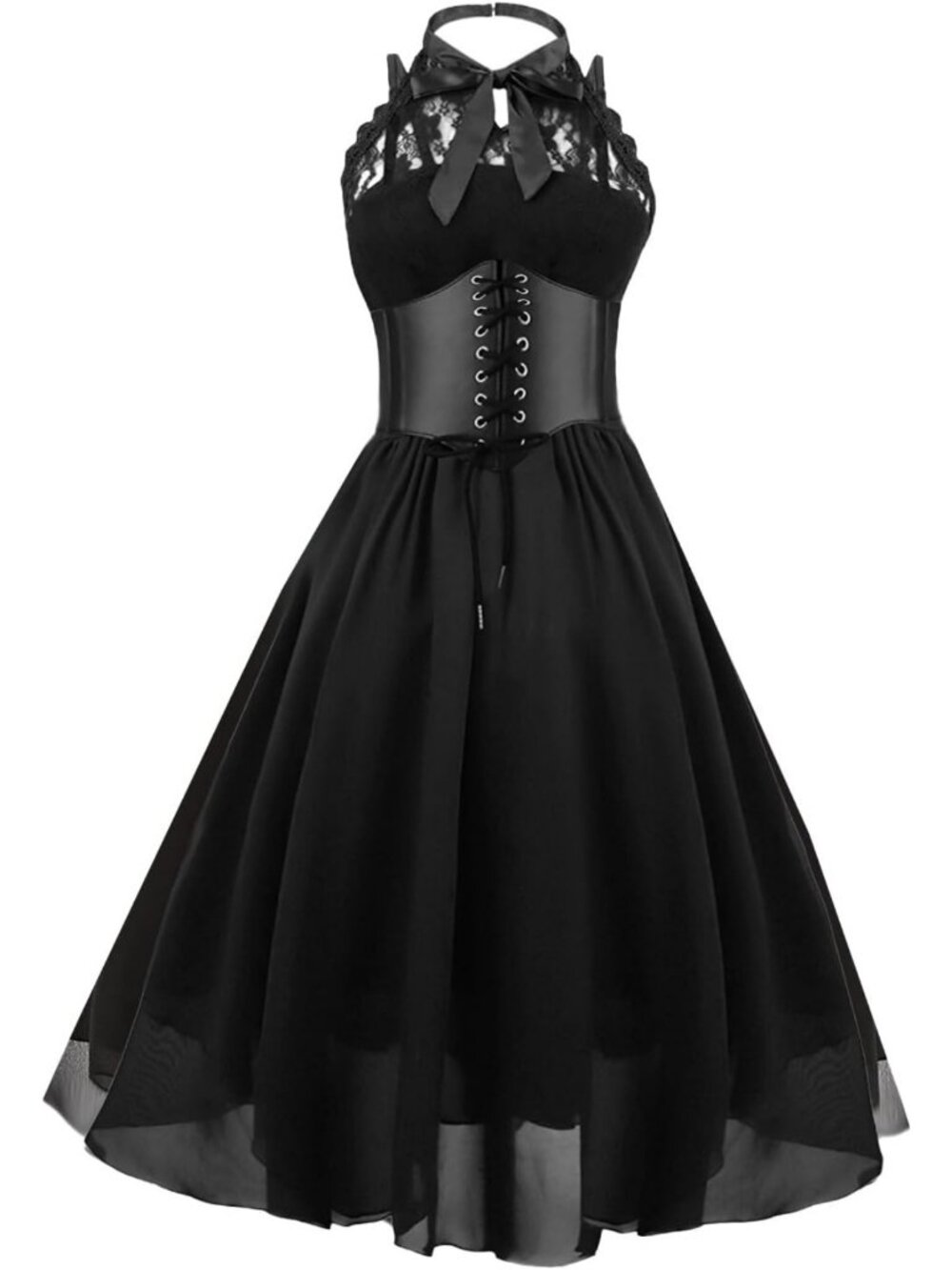 Gothic Lace Swing Dress - Sleeveless Halter Corset Cocktail Dress for Women